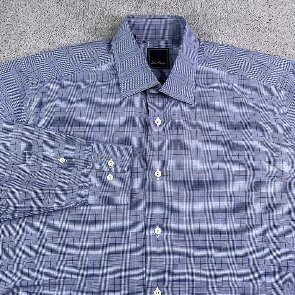 David Donahue Shirt Mens 16.5 34β Blue Glen Plaid Cotton Button Up Business